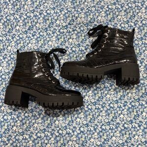 Black Croc-Embossed Lace-Up Platform Booties - Women